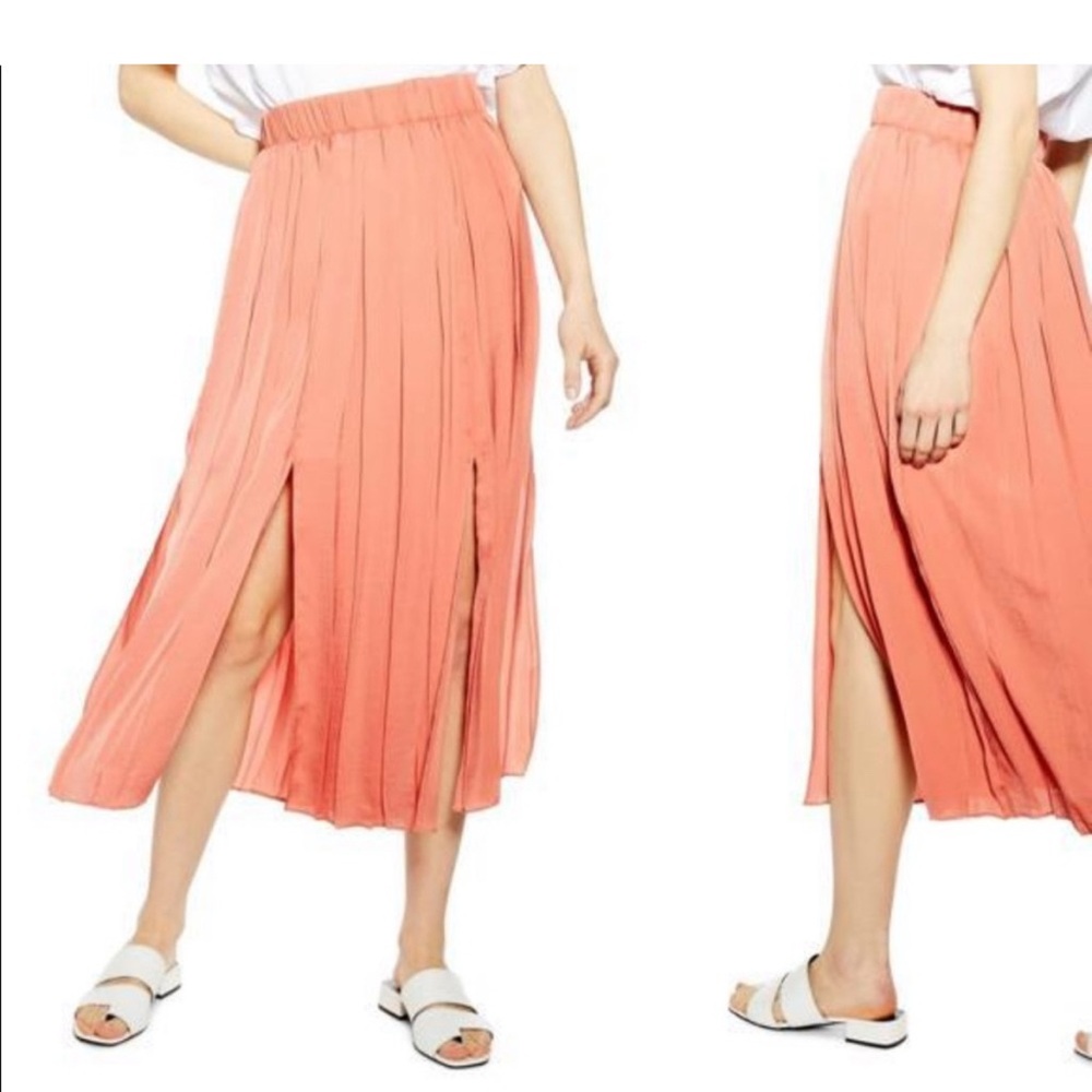 Topshop Double Slit Pleated Satin Skirt size 8 coral